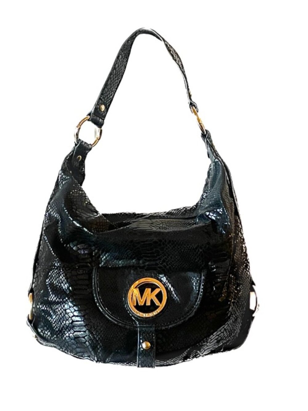 Michael Kors Fulton Large Shoulder Bag - Black Snakeskin Embossed Leather